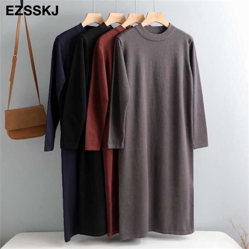 

straight autumn winter long sweater dres split side o-neck maix female basic 211109, Gray