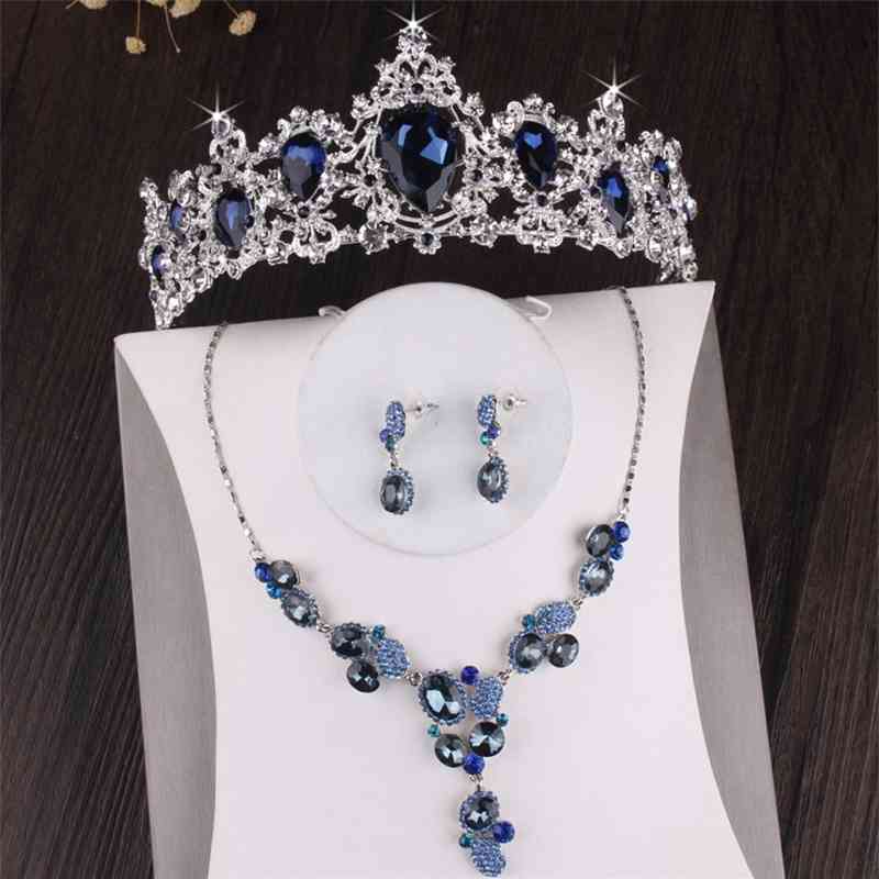 

Baroque Luxury Silver Plated Blue Crystal Bridal s Necklace Earring Tiara Crown Wedding African Beads Jewelry Set, 2pcs jewelry set