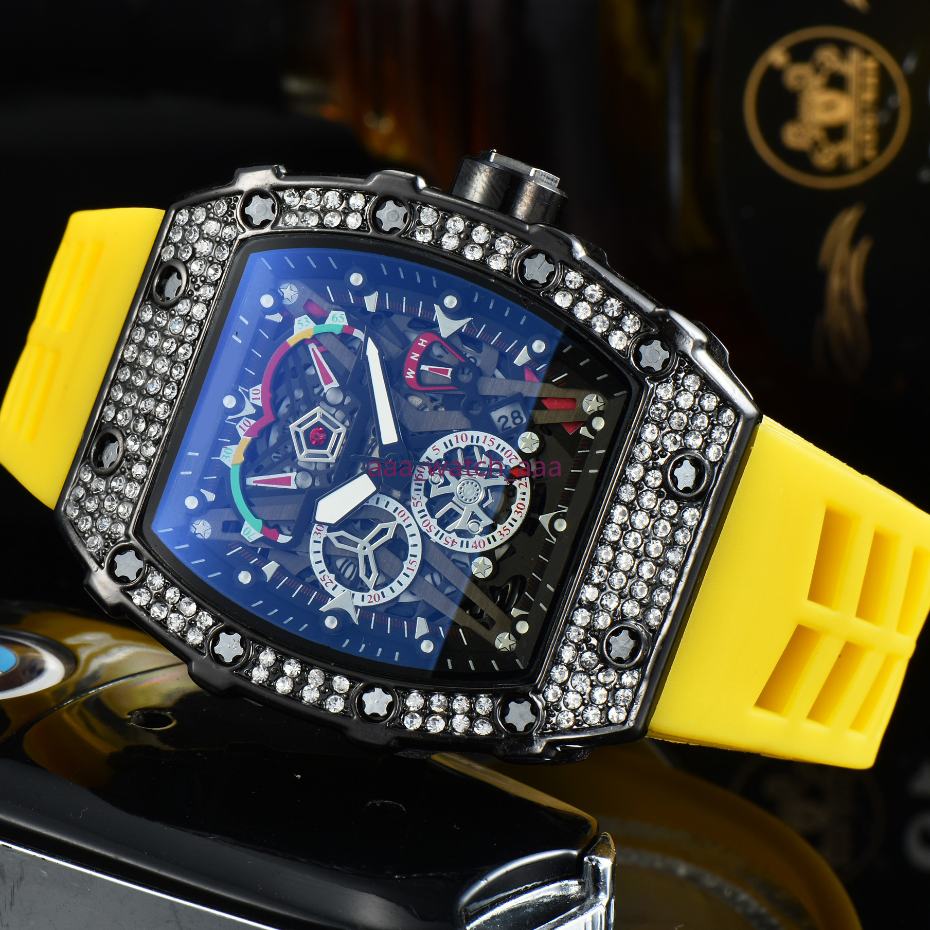 

2021 New Watch Men's Leisure Diamond Watches Gold Stainless Steel Case Silicone Quartz Wristwatch Strap Male Relogio Masculino, Box