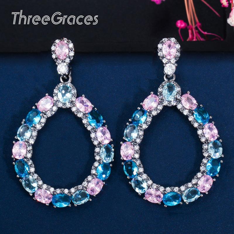 

Dangle & Chandelier ThreeGraces Trendy Blue Pink Round Cubic Zirconia Big Water Drop Long Hollow Out Earrings For Women Party Gift ER383, Silver