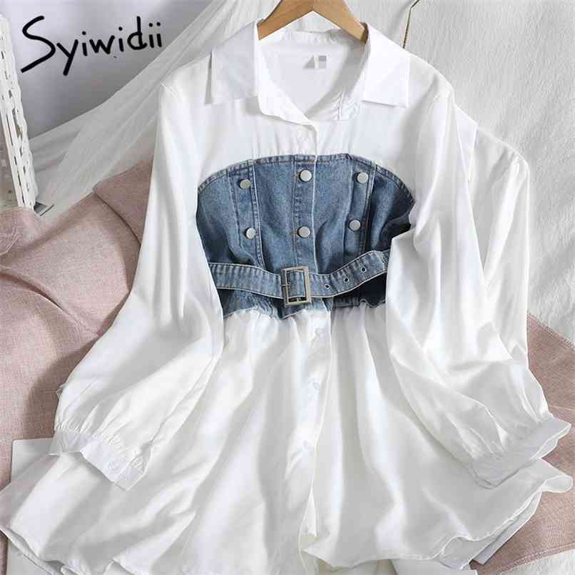

Denim Contrase Color Spliced Shirts Dresses Women Breasted Turn-down Collar Long Sleeve A-Line Spring Fashion 210607, Black