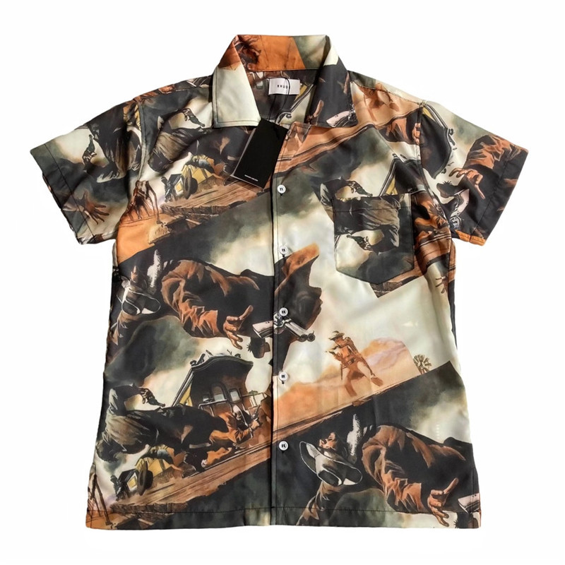 

Rhude Summer Casual Loose Beach Style Shirt Men Women High Quality Bounty Hunter Oil Painting Print Rhude Shirts C0401