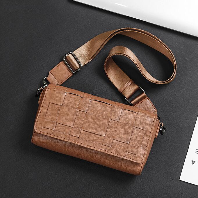 

Factory wholesale men leathers shoulder bags simple clamshell fashion handbags street trend woven handbag multifunctional leather mobile phone bag, Brown