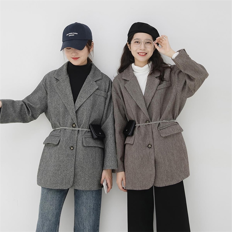 

Fashion Autumn Women Plaid Blazers Vintage Work Office Lady Loose Single-breasted Business Female Blazer Coat Outwears 210519, Brown with bag