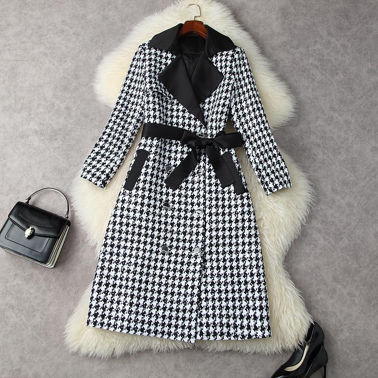 

Women' Wool & Blends European And American Clothing Winter 2022 Long Sleeve Double Breasted Belt Fashion Black Plaid Sequined Tweed Coat