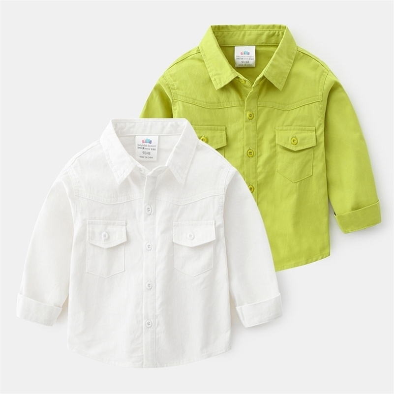 

Spring Autumn 2 3 4 6 8 10 Years Child Turndown Collar Long Sleeve Pocket Solid Color Cotton Shirt For Baby Kids Boys 210701, White