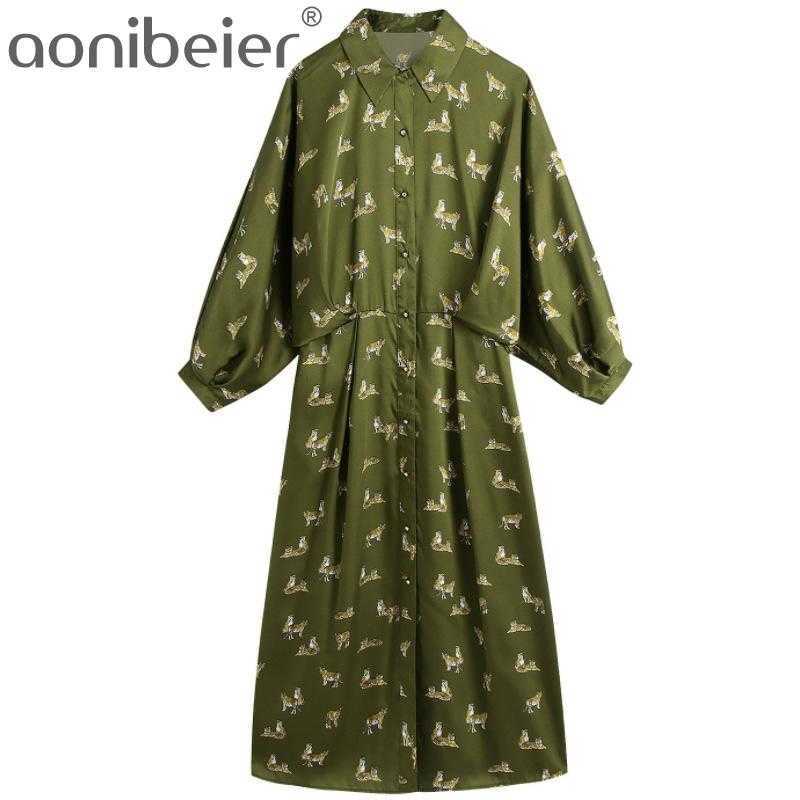 

Za Green Animal Print Shirt Dres Spring Front Button Collar Woman Long Balloon Sleeve Out Going 210604, Army green