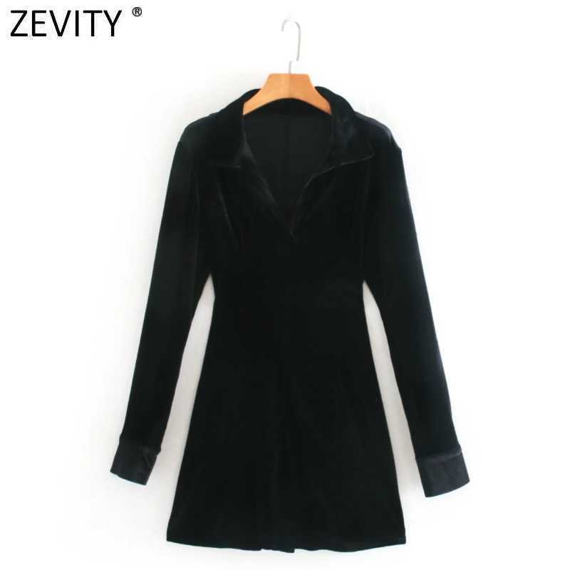 

Zevity Women Elegant Turn Down Collar Long Sleeve Velvet Party Mini Dress Female Casual Slim Business A Line Vestido DS4657 210603, As pic ds4657xn