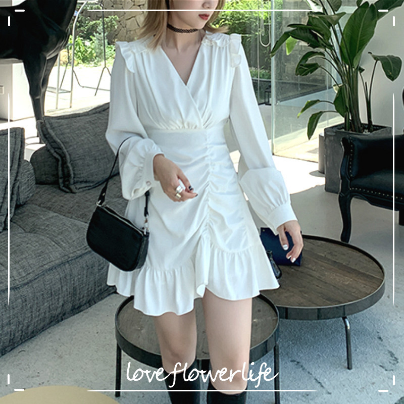 

Draped Mini Dress Women Casual High Street French Long Sleeve High Waist Party Elegant Dress Female Summer Clothing Korean 210521, Black