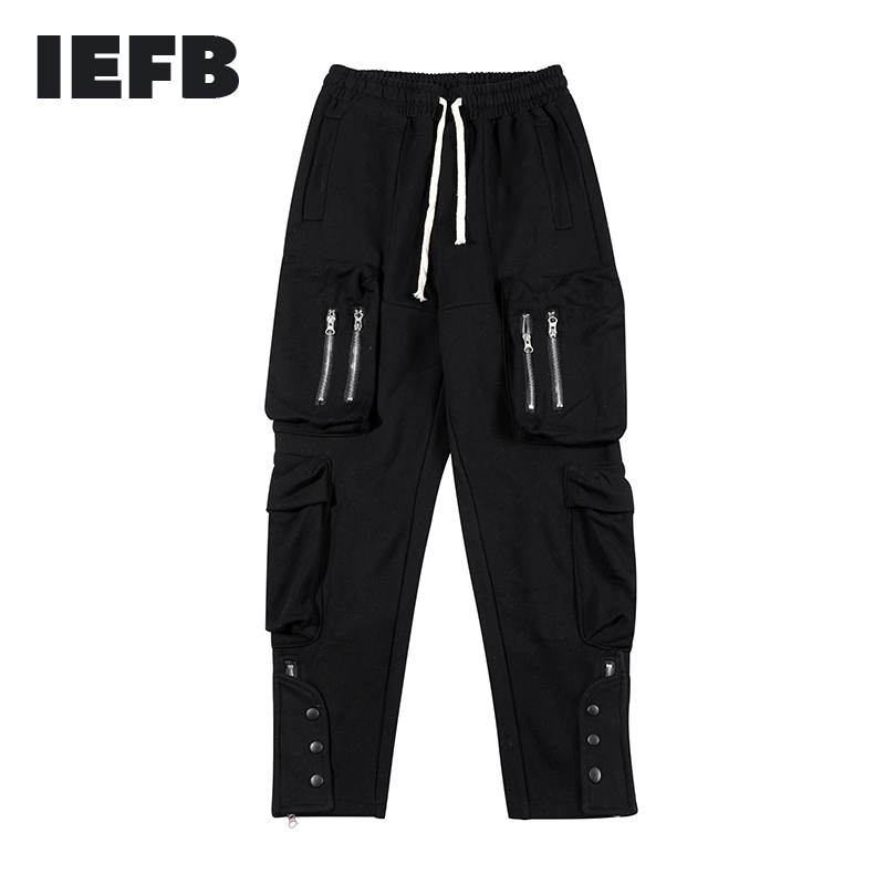 

IEFB Functional Multi Pocket Grey Overalls Men's Hip Hop High Street Fashion Sweatpants Leg Split Sports Pants Trend Casual 210524, Black