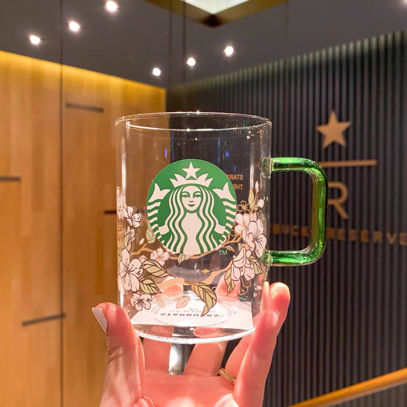 

Starbucks Korea Mug Tumbler Green Handle Pear Flower Glass 502ml Coffee Milk Drink Cup, Clear