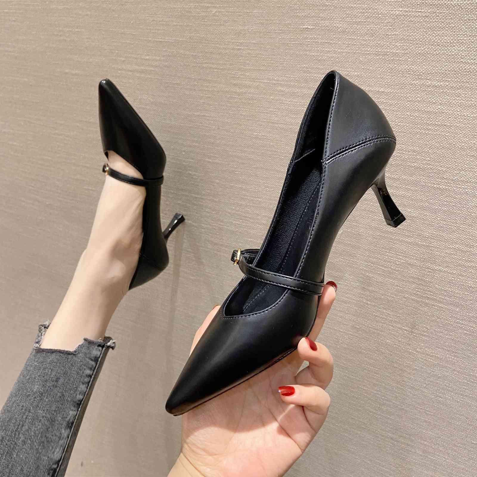 

Shoes spring French pointed Dress shallow high heeled shoes thin heel Korean daily work single women's button IIKY, 1# shoe box