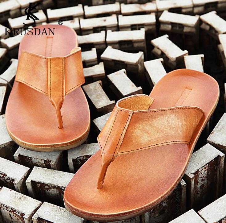 

Sandals 2021 Brown Blue Color Real Leather High Quality Flip-flops Men's Summer Outdoor Sandal Slippers Beach Shoes Men Big Size43, Black