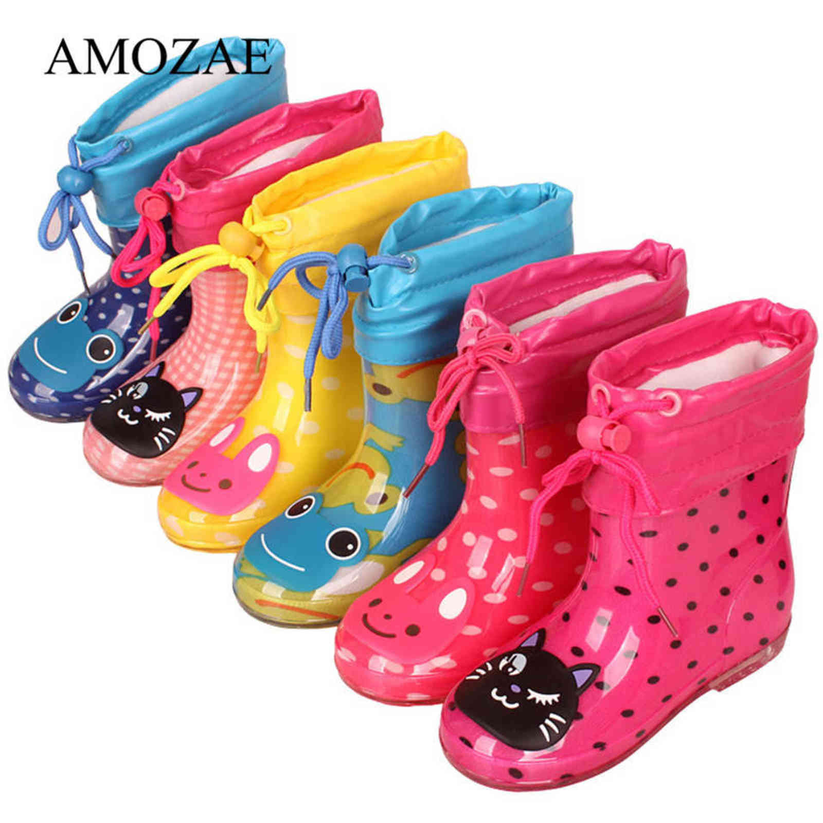 

Spring Autumn Rain Boots Children With Plush Warm Ankle Boots Boys Baby Toddler PVC Waterproof Water Shoes Kids Girls 211108, White dot