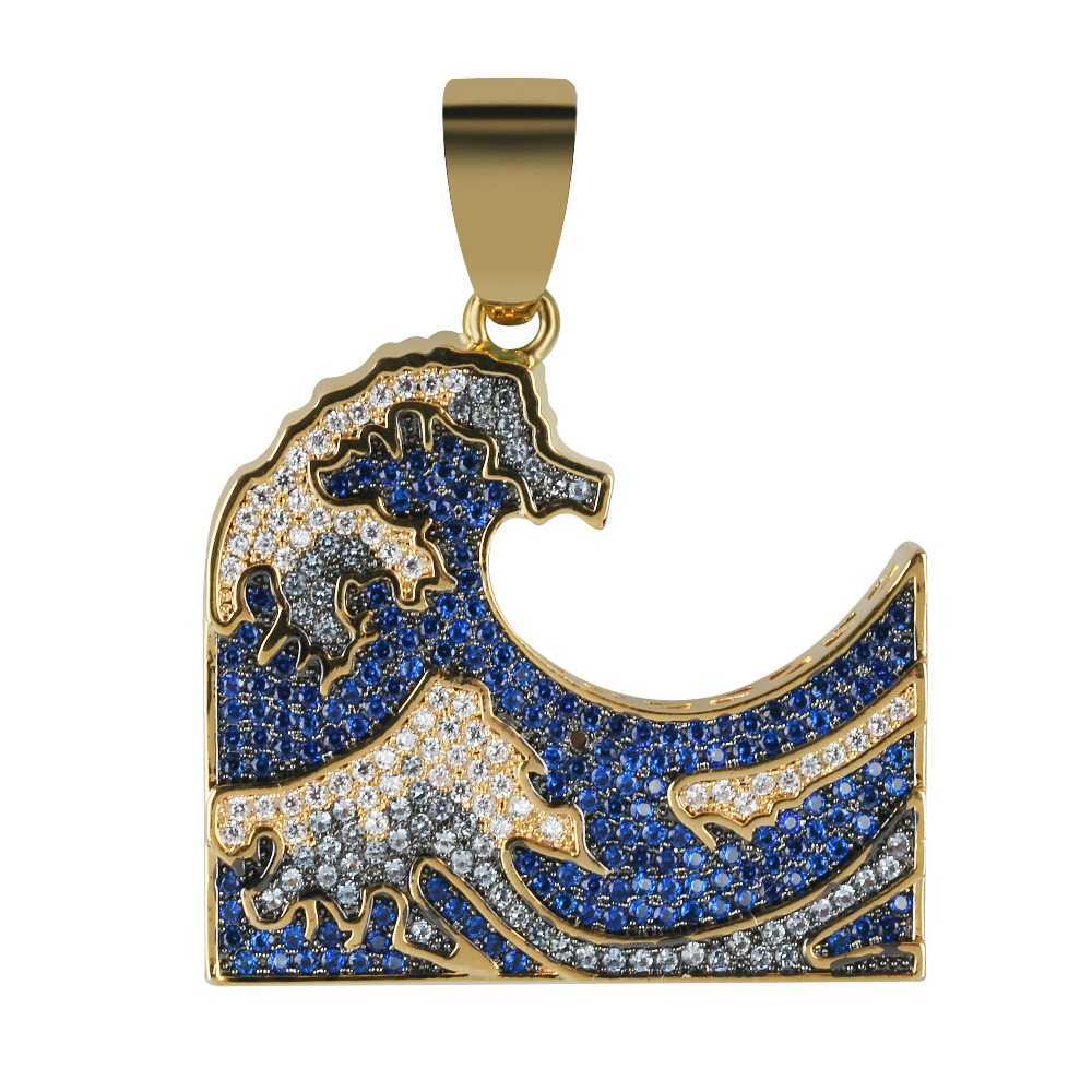 

The Great Wave off Kanagawa Iced Out Pendant Necklace Mens/Women Colorful Zirconia Hip Hop Gold Color Charm Chains Jewelry Gift