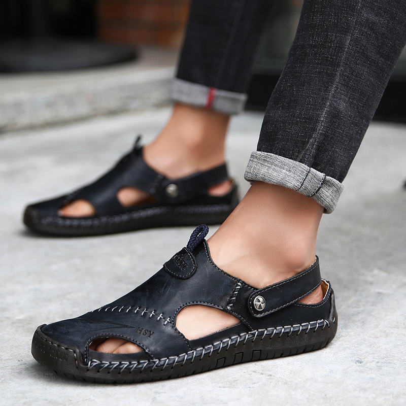 

sandals men leather genuine mens shoes big beach shoes soft Roman Summer 2021 Slipper outdoor plus size 11 12 13 13.5 black, Enlen-898-ybrown