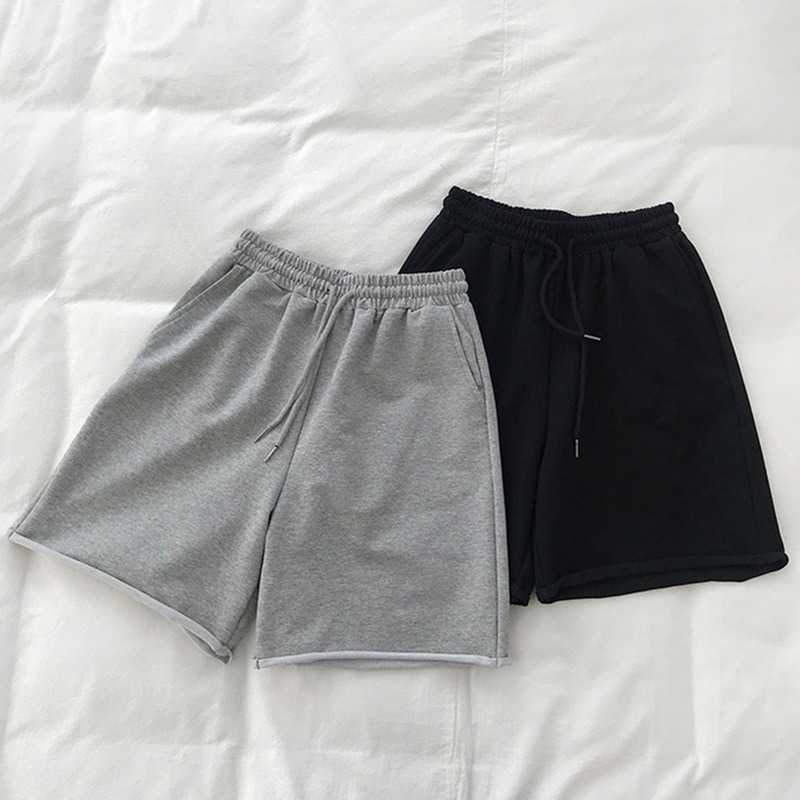 

Curling Terry Sports Pants Women' Summer Korean-Style Loose Straight Casual Wide Leg Elastic Waist Knee Length 210607, Gray