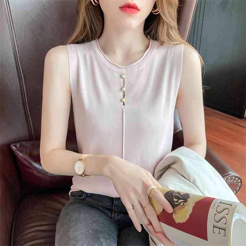

Casual round neck sweater spring slim button hollow sleeveless bottoming shirt versatile French niche top 210520, Pink