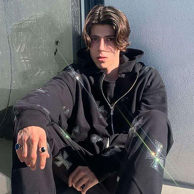 

Men' Hoodies & Sweatshirts Hip Hop Baggy Sweatshirt Fashion Women Jackets2021 Autumn Rhinestone Y2k Zip Up Hoodie Goth 90s Vintage Long Sle, Black
