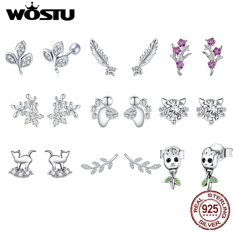

Stud WOSTU Real 100% 925 Sterling Silver Tiny Leaves Clear CZ Earrings For Women Girl Trendy Earring Jewelry Gift BKE431
