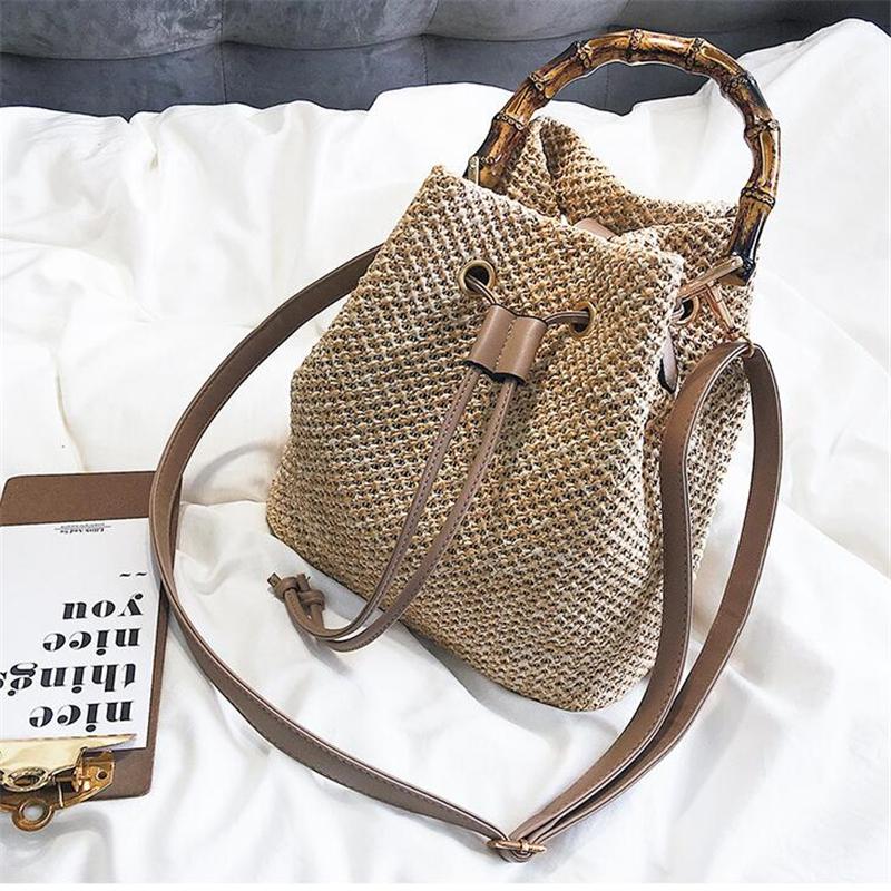 

Handmade Women Summer Beach Straw Bags Bucket Crossbody Shoulder Female Rattan Messenger Bag Hard Top-handle Cross Body, Khaki