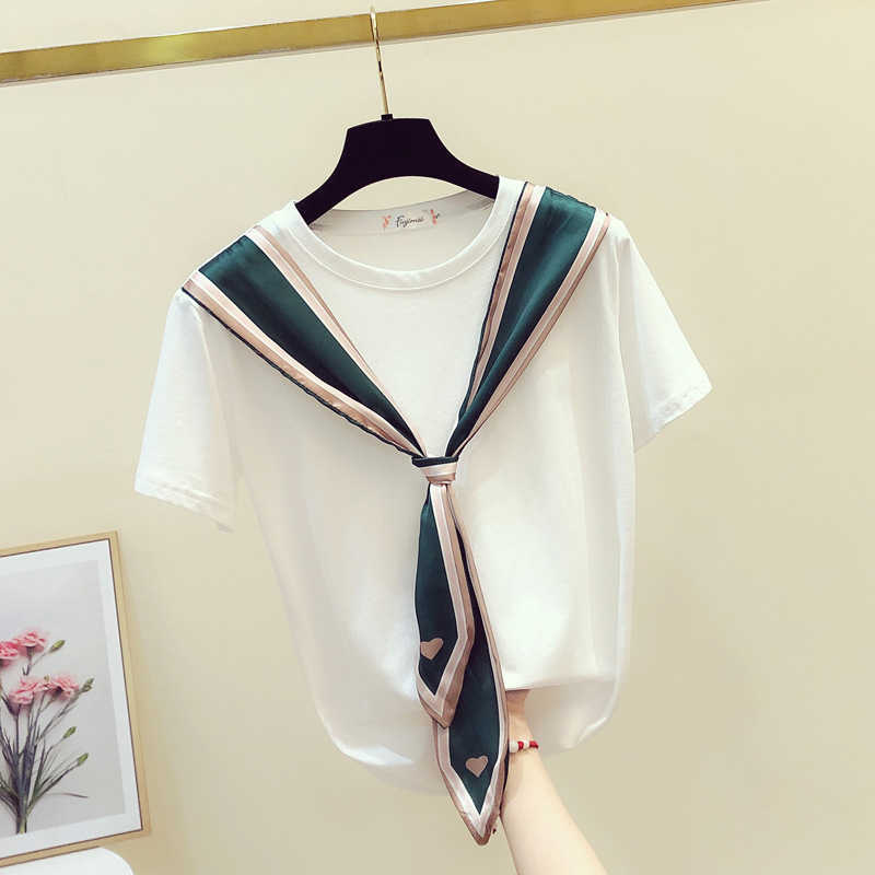 

Summer Korean Casual Fashion Loose Silk Scarf Stitching T-shirt Elegant Style Tie Short-sleeved Female 210615, Black
