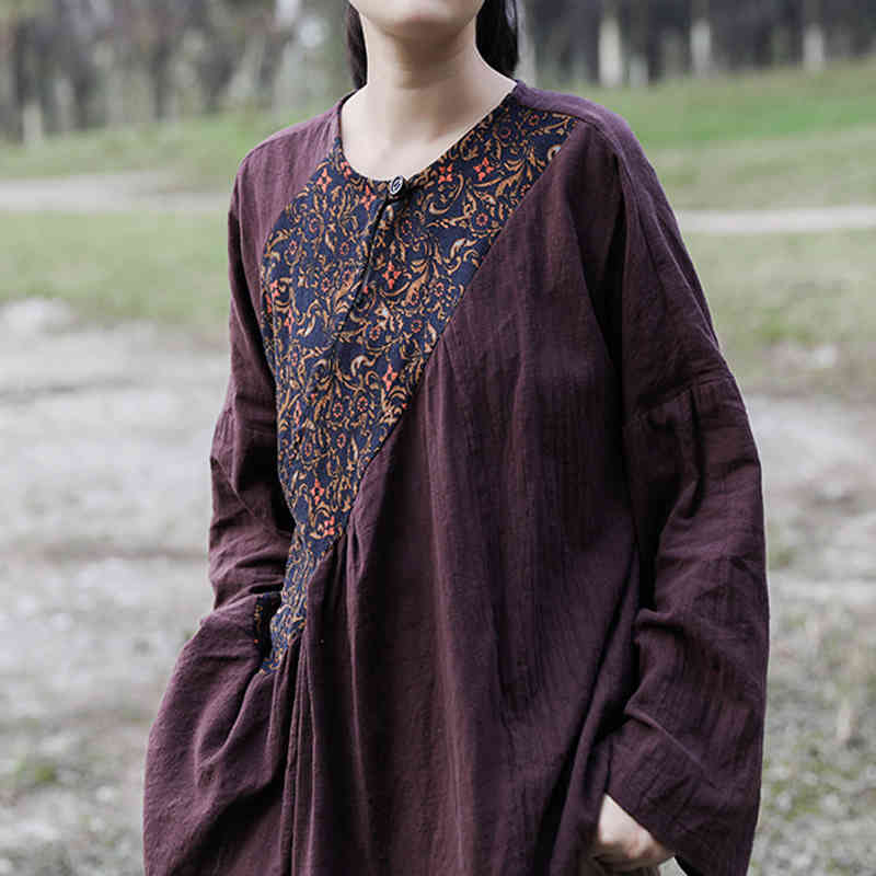 

Johnature Women Vintage Cotton Linen T-Shirts Patchwork Print Floral O-Neck Long Sleeve Clothes Spring Loose T-Shirts 210521, Purple