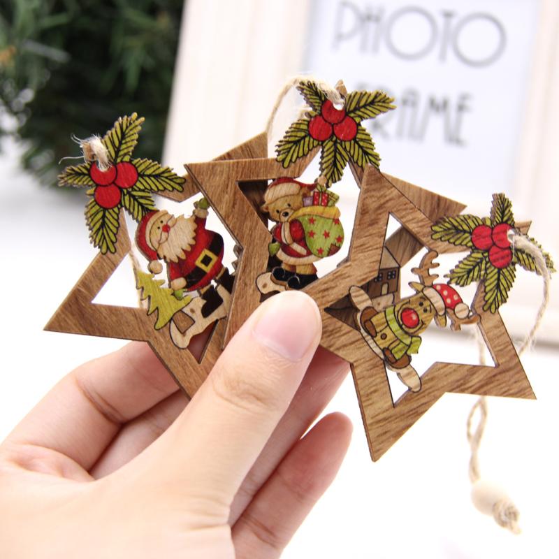 

Christmas Decorations 3PCS/4PCS Star Printed Wooden Pendant Ornaments Xmas Tree Ornament DIY Wood Crafts Kids Gift For Home Party Decoration