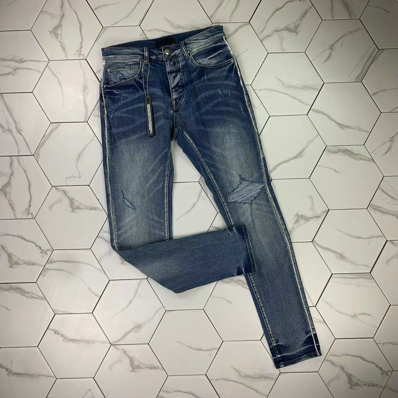 

HM506 High quality Mens jeans Distressed Motorcycle biker jean Rock Skinny Slim Ripped hole stripe Fashionable snake embroidery Denim pants, Blue