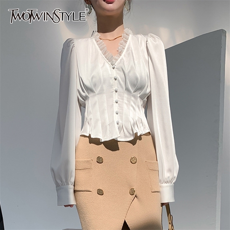 

Patchwork Lace Blouse Shirt For Female V Neck Puff Long Sleeve High Waist Slimming Ruched Women's Vintage 210524, White