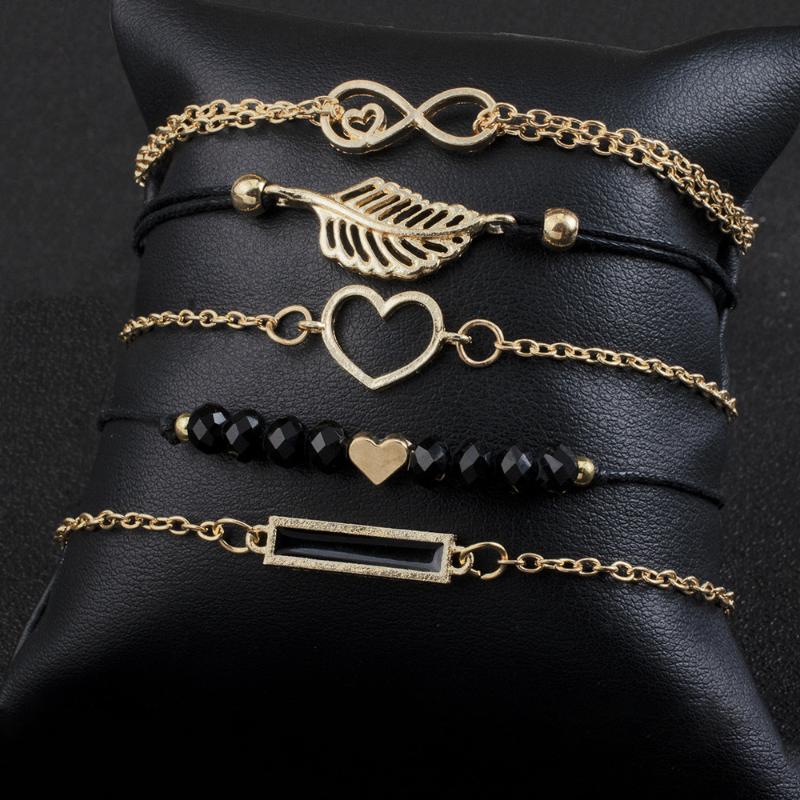 

Charm Bracelets 5 Pcs/set Love Heart Infinity Symbol For Woman Gold Link Chain Hollow Feather Black Beads Braclet Girl, Golden;silver