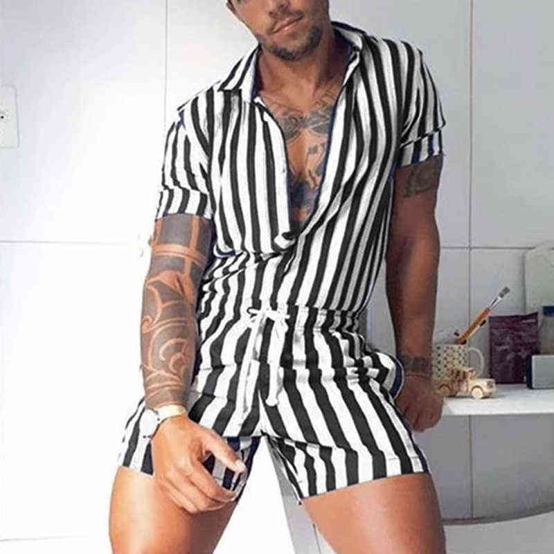 

Fashion Striped Rompers Mens 2021 Casual Playsuit Short Sleeve Button Shorts Lapel Jumpsuit Drawstring Streetwear H1210, Black