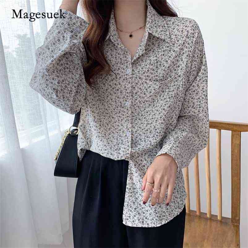 

Korean Autumn Fashion Chic Floral Shirt Ladies Tops Vintage Loose Women' Shirts Printed Long Sleeve Chiffon Blouse 11138 210518, White