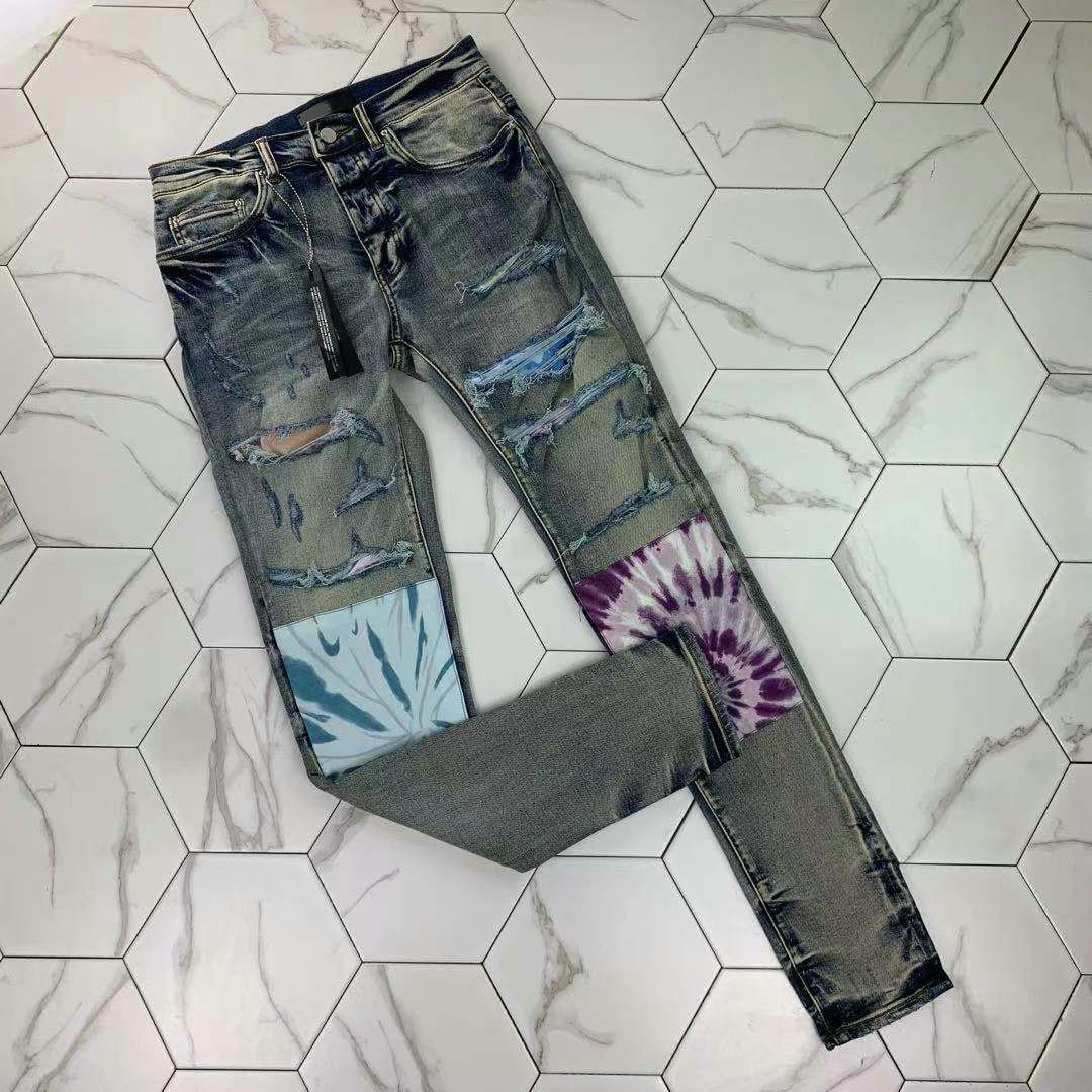 

HM600 Mens jeans Distressed Motorcycle biker jean Rock Skinny Slim Ripped hole stripe Fashionable snake embroidery Denim pants, Blue