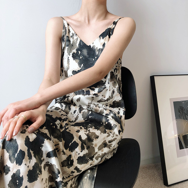 

Retro Frosty French Chiffon Ink Painting Printed Dress Women's Summer V Neck Fashion Sleeveless Long Dresses Female 210520, Mixed color