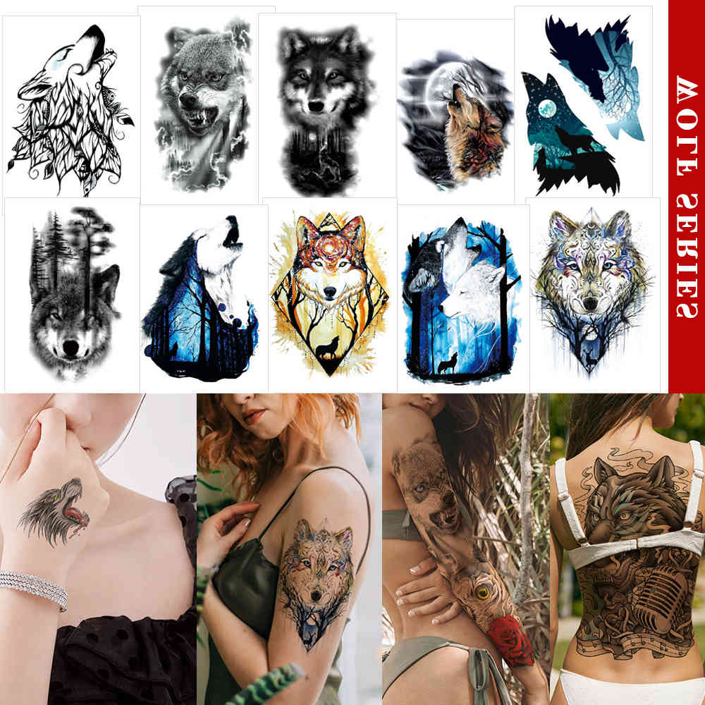 

Body art stickers Ink color sticker for Hands arms full back Large s Wolf animal waterproof tattoo