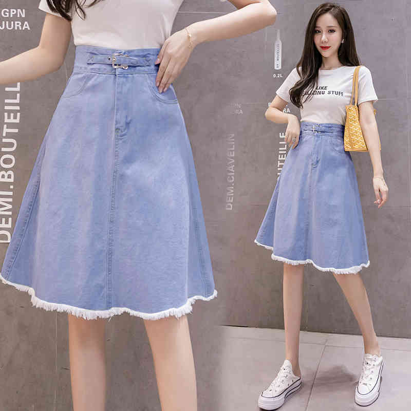 Skirts A Line Denim High Waist With Pockets Korean Style Sky Blue Tassel Midi Jeans Belt Elegant jupe jean Z8JM-image-697266364