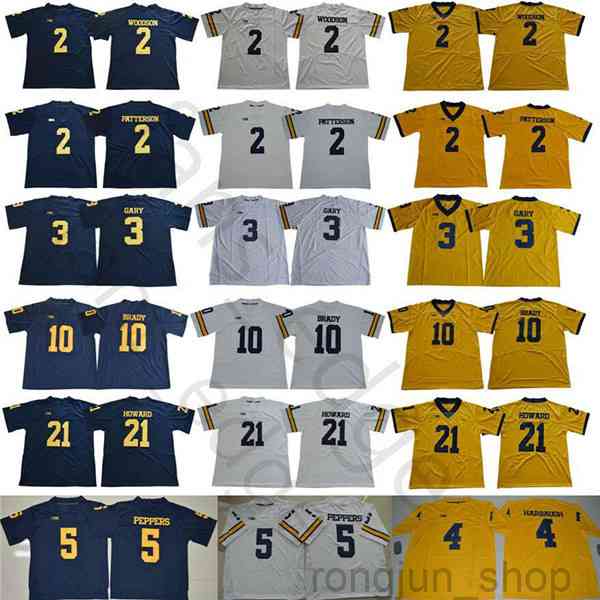 

Michigan Wolverines College 2 Charles Woodson Shea Patterson 4 Jim Harbaugh 5 Jabrill Peppers 21 Desmond Howard 10 Tom Brady Football Jersey, Blue