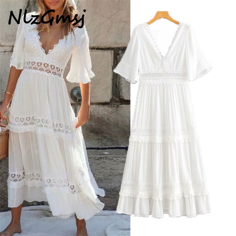 

Dres Summer Fashion Loose White Short Sleeve Hollow Out Knee-length High Waist V-neck Top 03 210628, As picture