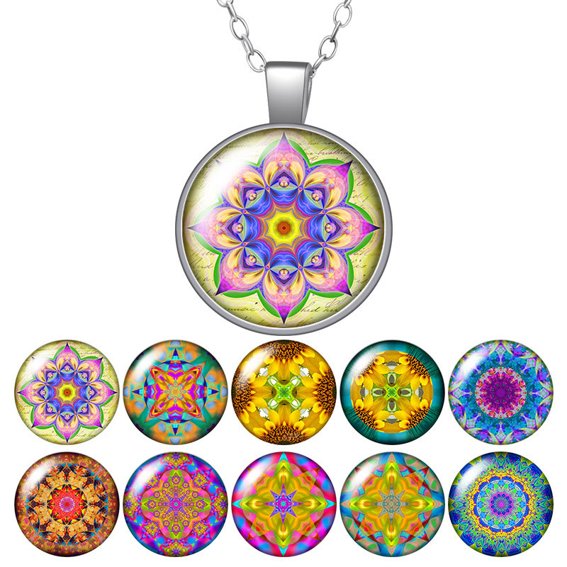 

Painting Flowers Patterns Round Pendant Necklace 25mm Glass Cabochon Silver Color Jewelry Women Party Birthday Gift 50cm