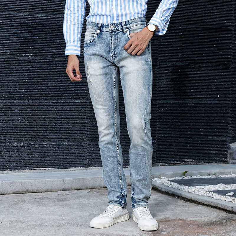 

Italian Style Fashion Men Jeans Retro Light Blue Elastic Slim Fit Ripped Denim Trousers Vintage Designer Hip Hop Cotton Pants
