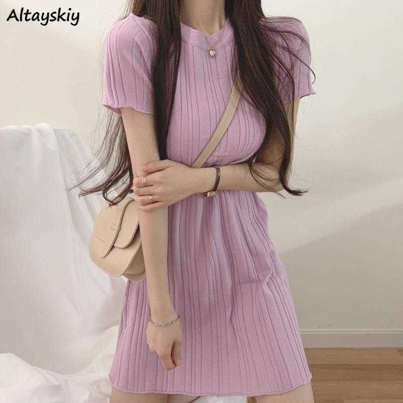

Dress Women Solid Simple All-match Student 5 Colors Fashion Female Ulzzang Sweet Vacation Chic Ins Knitted Leisure Elegant Ins Y0603, Apricot