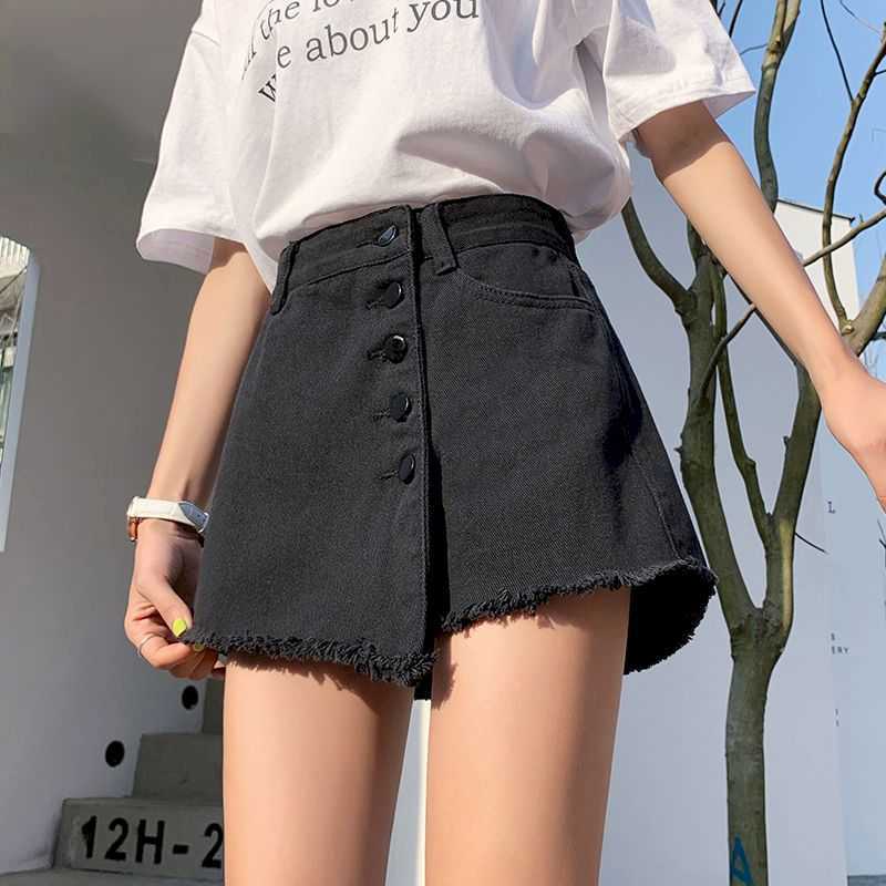 

Denim shorts female autumn spring summer high waist loose wide-leg pants a-line black hakama fake two pieces 210526, Black belt 8165