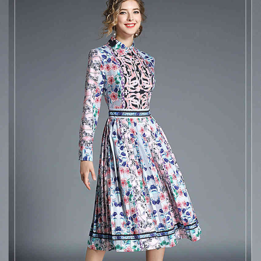 

High Quality est Fashion Runway Turn Down Collar Autumn Dress Women's Long Sleeve Retro Printed party Dresses vestidos 210520, Pink