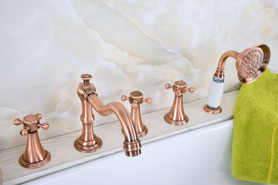 

Bathroom Sink Faucets Antique Red Copper Brass Deck 5 Holes Bathtub Mixer Faucet Handheld Shower Widespread Set Basin Water Tap Atf215