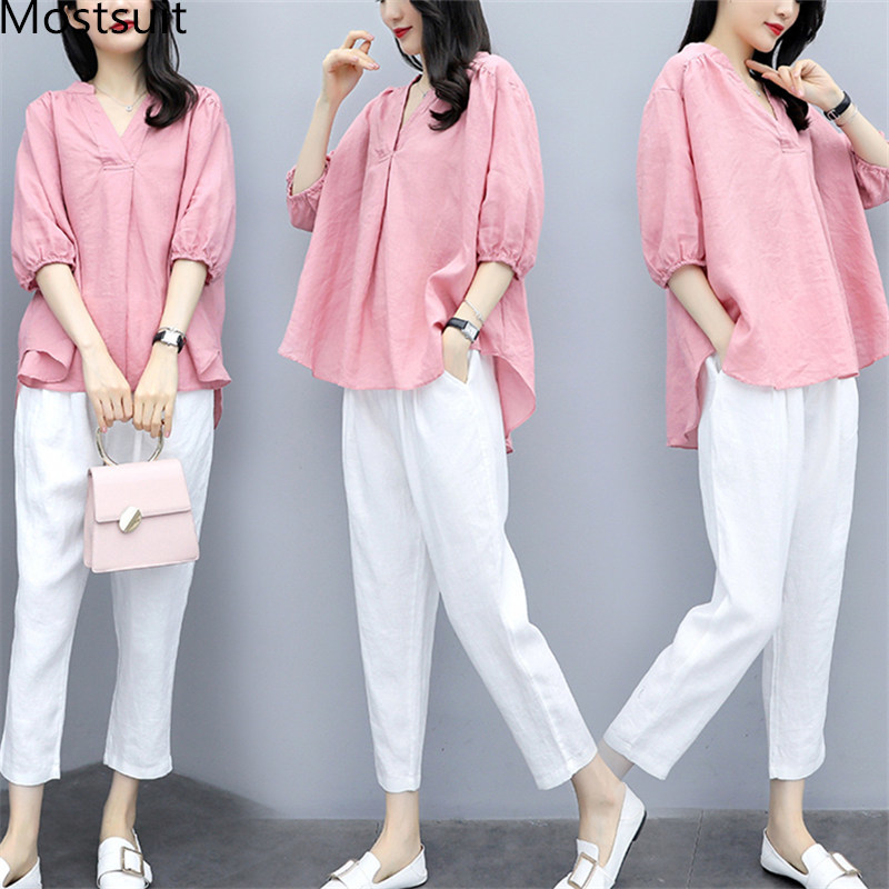 

Cotton Linen Two Piece Sets Outfits Women Plus Size Spring Autumn V-neck Tops And Pants Suits Casual Korean Vintage 2 210518, Pink