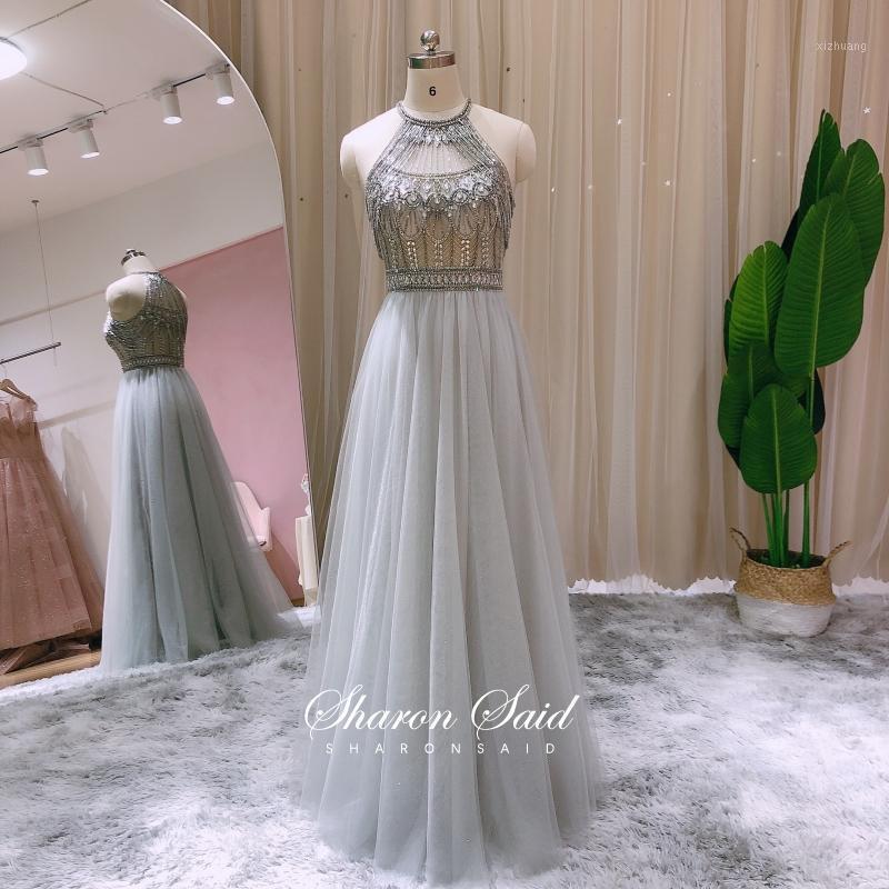

Silver Grey High Neck Tulle Evening Dress For Graduation Beading Cap Sleeve Long Prom Dresses 2021 Women Formal Party Gown Stock
