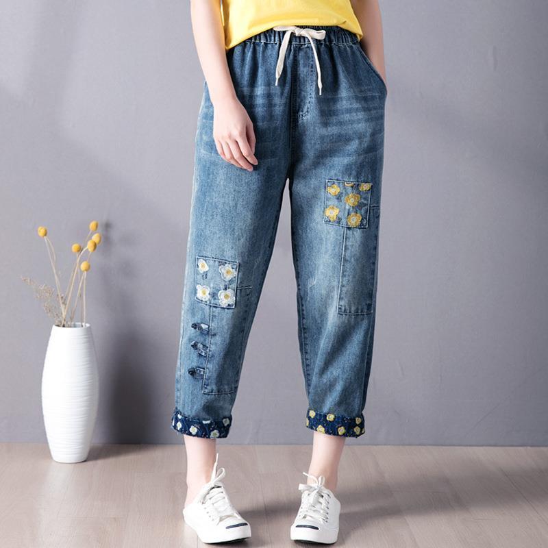 

9260 Summer Fashion Elastic Women Jeans High Waist Floral Embroidery Cargo Pants Patchwork Retro Ankle Length Denim Pant Female Casual, Blue