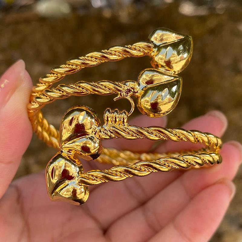 

Bangle 24k Gold Color Ethiopian For Women Copper Two Heart Warping Dubai Bracelet African Arab Jewelry Accessories Gifts