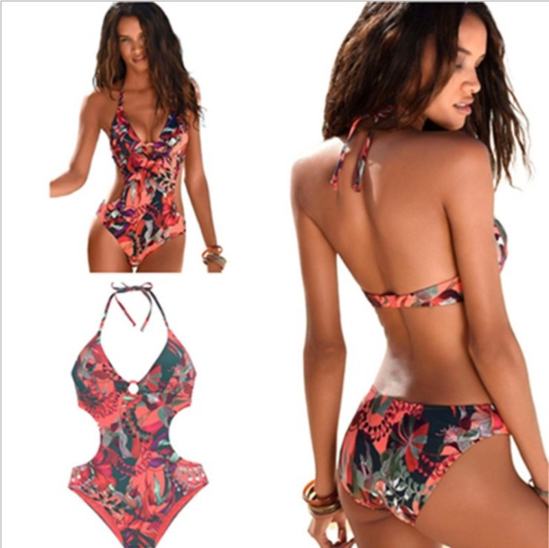 Style Printed Ethnic 2021 Open Back One Piece Women&#039;s Sexy Bikini Swimsuit-image-678388790